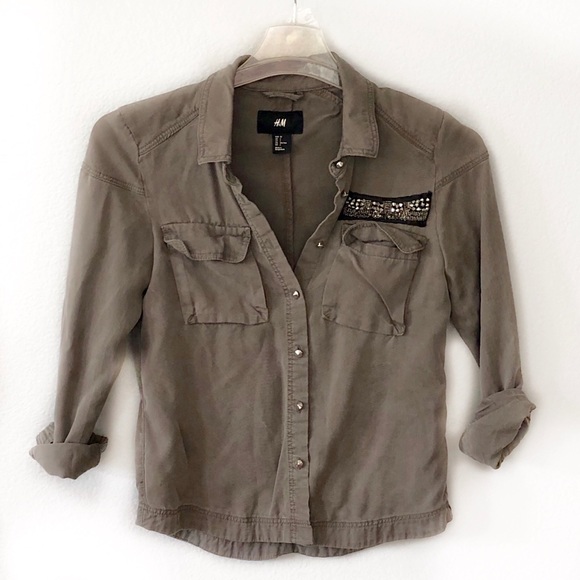 H&M Beaded Olive Military Button Down Shirt - Picture 4 of 8